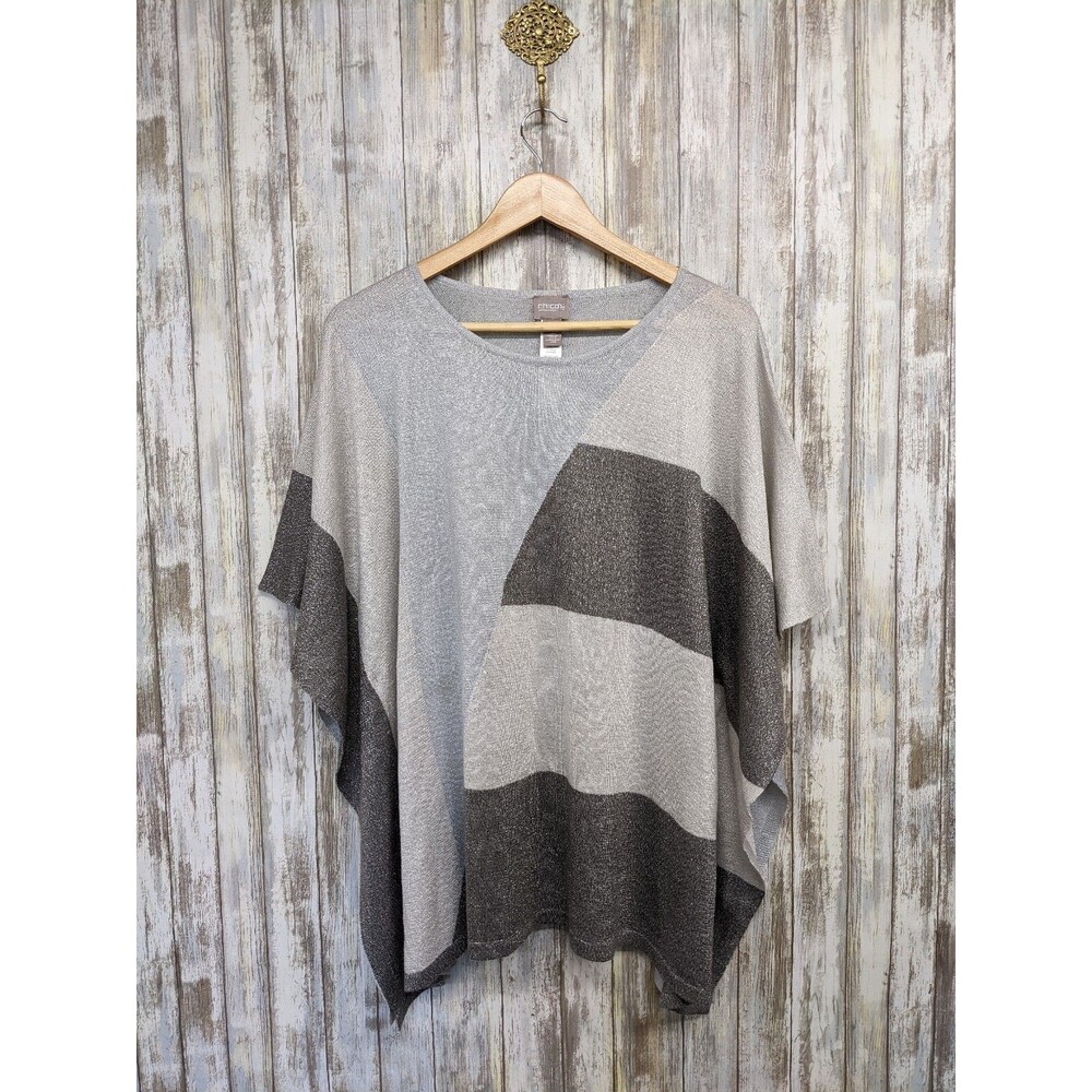 Chico's Gray Silver Shimmer Colorblock Poncho Top Dolman Relaxed Knit S/M